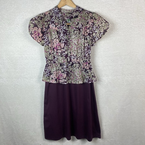 Vintage Handmade Maroon Floral Peplum Dress VTG Sz 10/S/M One Piece Pull On - Picture 1 of 12